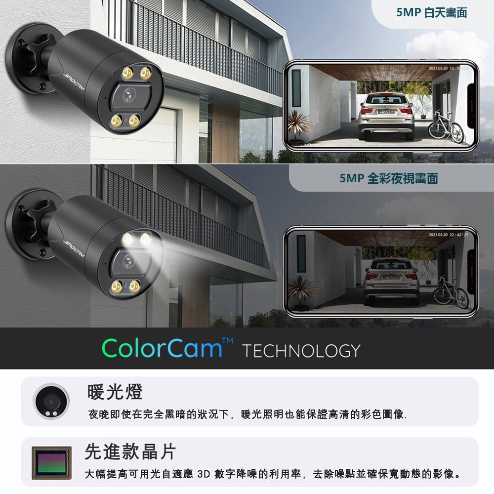 Saqicam 8路5MP錄影監控主機套餐 AHD 5MP全天候全彩監視器*8 暖光全彩夜視攝影機 戶外防水 即插即用