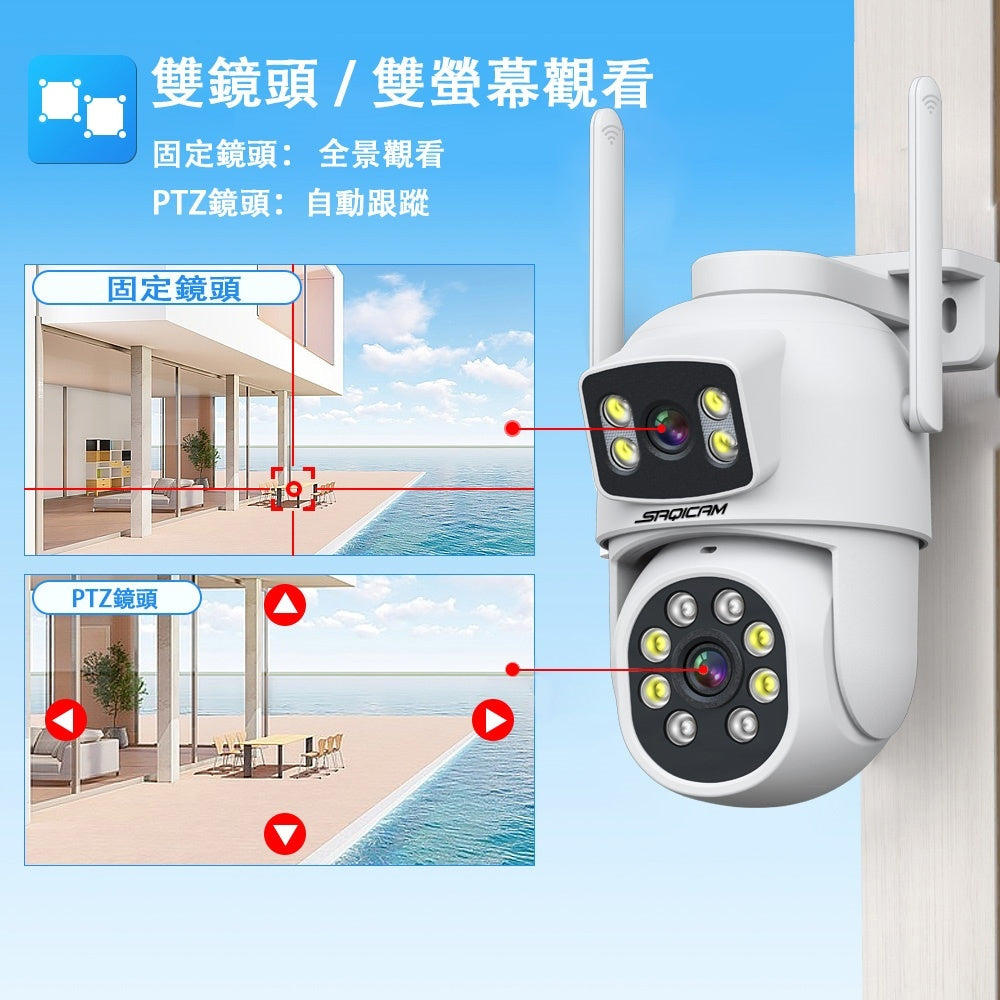 Saqicam 雙鏡頭PTZ無線監視器套餐 4隻*600萬畫素 6MP WiFi攝影機 NVR錄影主機 雙畫面 自動追蹤