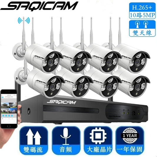 Saqicam 雙天線WiFi鏡頭 3MP或5MP無線監視器套餐 10路5MP錄影主機NVR 增加55%傳輸距離 錄音