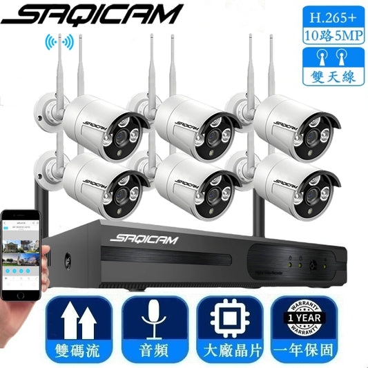 Saqicam 雙天線 WiFi監視器套餐 10路錄影主機NVR 3MP或5MP無線攝影機*6 AI人形偵測 錄音鏡頭