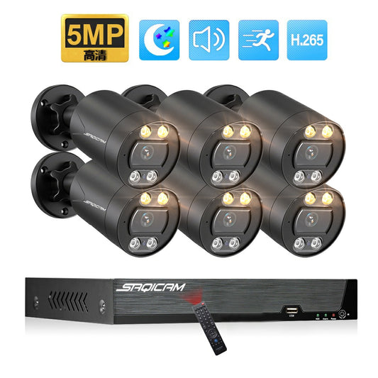 Saqicam 高清5MP H.265 POE監視器套餐 8路4K 8MP監控錄影主機NVR 紅外線網路攝影機*6 錄音