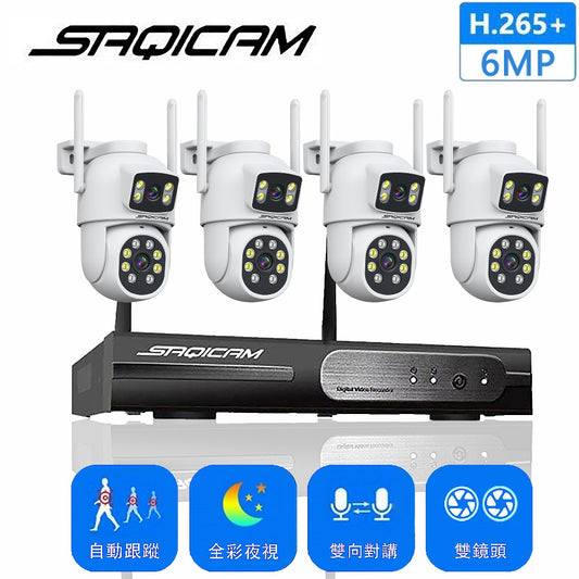 Saqicam 雙鏡頭PTZ無線監視器套餐 4隻*600萬畫素 6MP WiFi攝影機 NVR錄影主機 雙畫面 自動追蹤